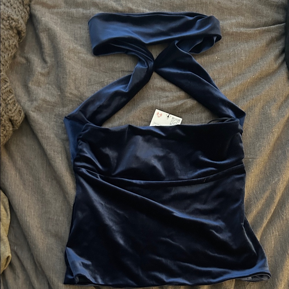 Zara Navy Velvet Halter Top